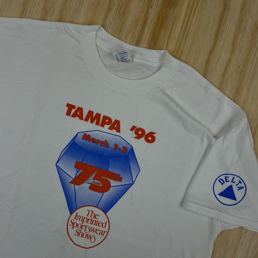 Vintage 1996 Delta Tampa T-Shirt Imprinted Sportswear‎ Show T Shirt XL White